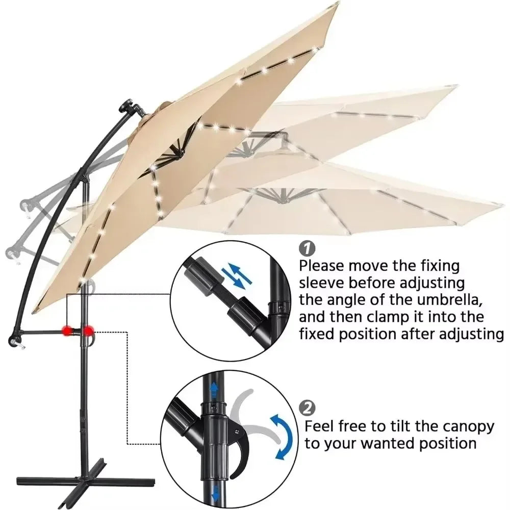 Solar Offset Umbrella with 10FT 32 LED Lights Cantilever Outdoor Umbrellas Handy Crank & Cross Base  for The Beach for Backyard