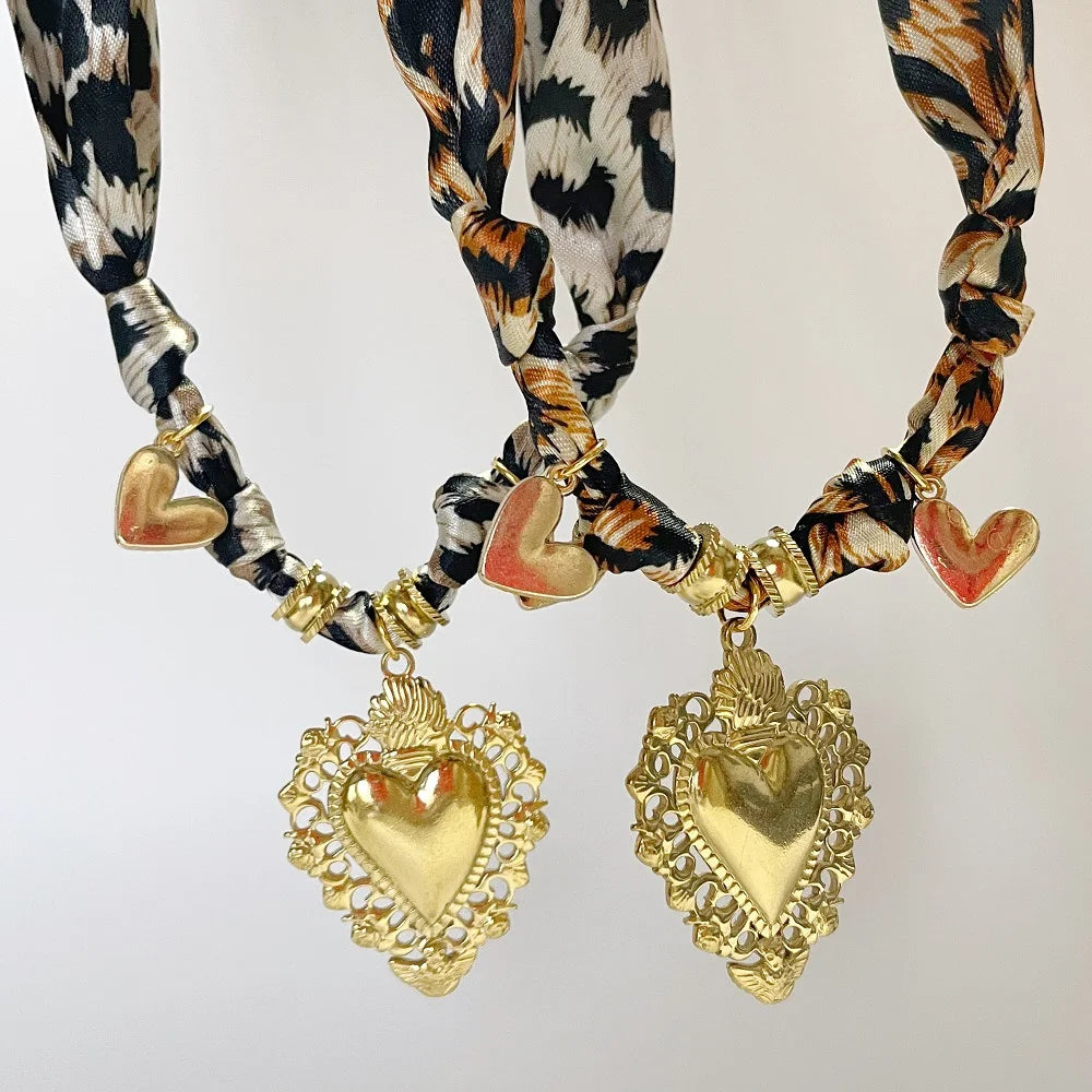 Women’s Fashion Scarf Necklace with Large Stainless Steel Heart Pendant Stackable Bandana Jewelry