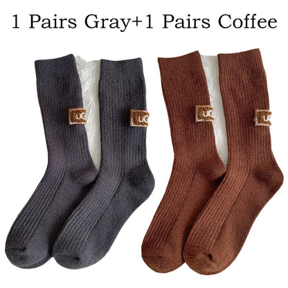 2 Pairs Cashmere Socks Winter Women Warm Wool Thickened Mid-Tube Trendy Heel Furry Label Letter Solid Color Snow Boot Socks New