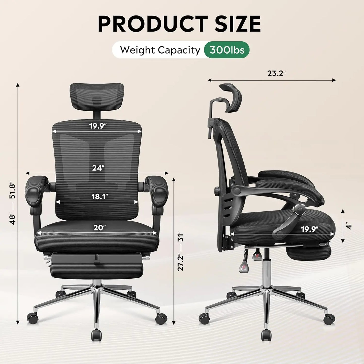 Ergonomic Mesh Office Desk Chair with Footrest, Comfrotable Big and Tall Reclining Computer Chair with Adjustable Lumbar