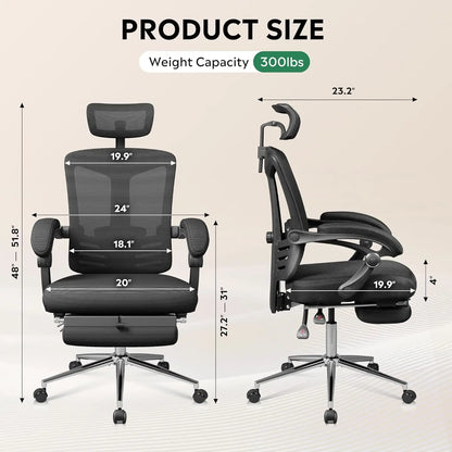 Ergonomic Mesh Office Desk Chair with Footrest, Comfrotable Big and Tall Reclining Computer Chair with Adjustable Lumbar