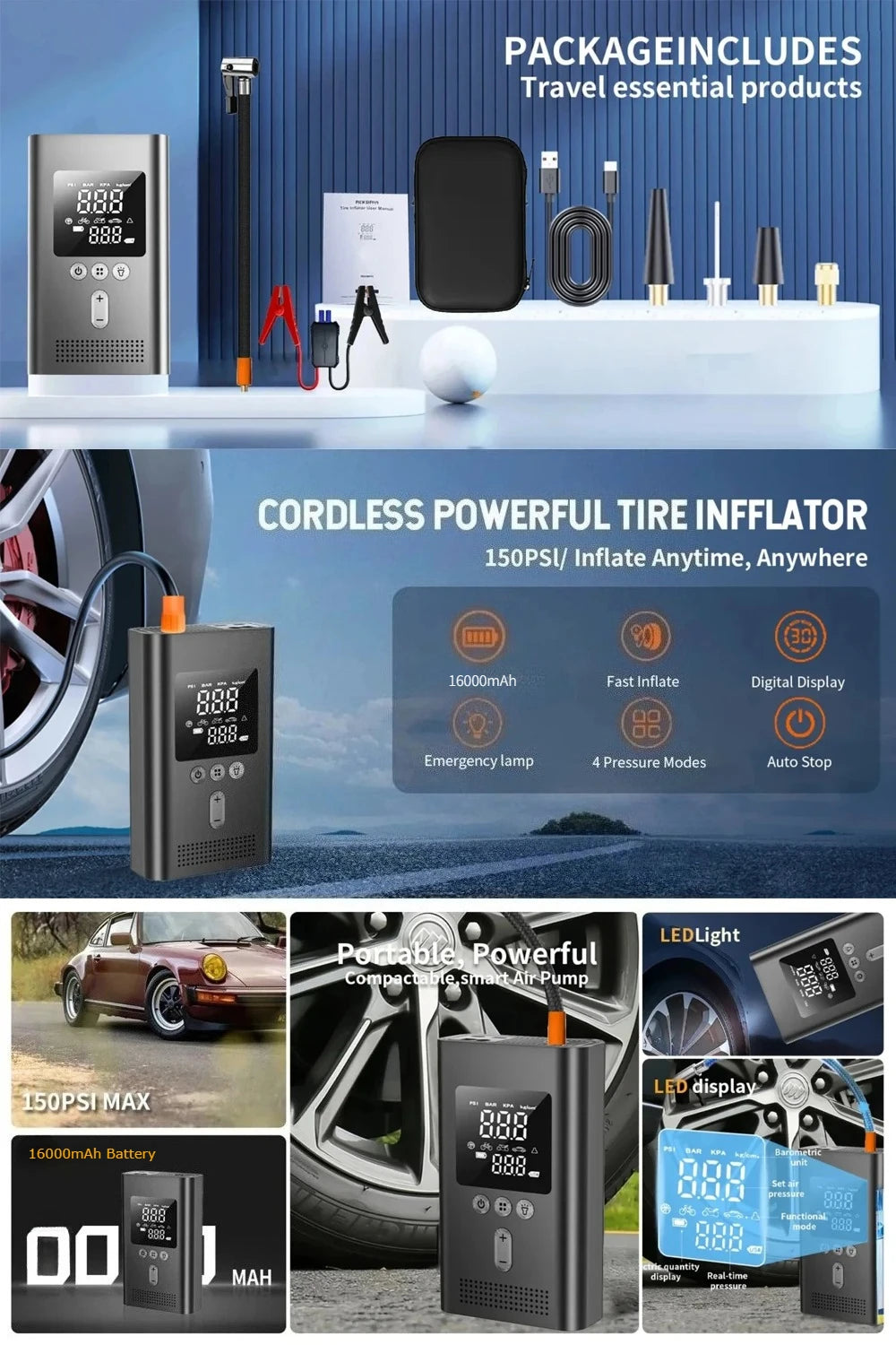 4 IN1 Car Jump Starter with Tire Inflator, 3000A Jump Starter Power Bank with 150PSI Air Pump Auto Air Compressor, LED Light