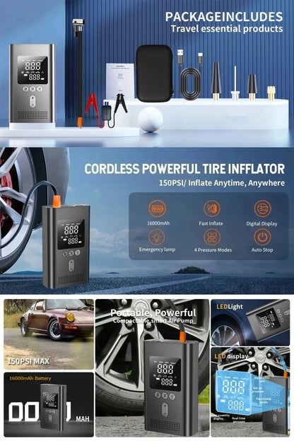 4 IN1 Car Jump Starter with Tire Inflator, 3000A Jump Starter Power Bank with 150PSI Air Pump Auto Air Compressor, LED Light