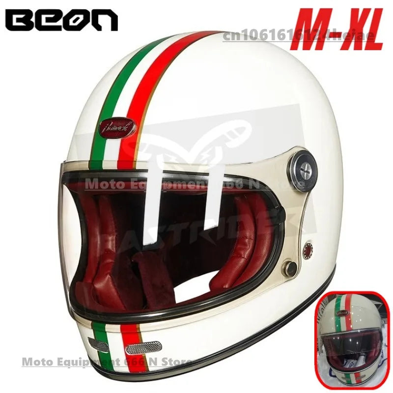 BEON Lightweight Fiberglass Full Face Helmet for Men Women Retro Motorcycles Helmet Cool and Personalized Karting Helmet B510