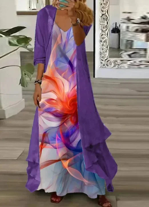 New 2025 Women's Floral Print Dress Two-Piece Set Inner Wear Polyester Fiber Short Sleeve Ankle-Length Regular Waistline