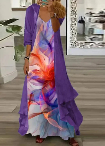 New 2025 Women's Floral Print Dress Two-Piece Set Inner Wear Polyester Fiber Short Sleeve Ankle-Length Regular Waistline