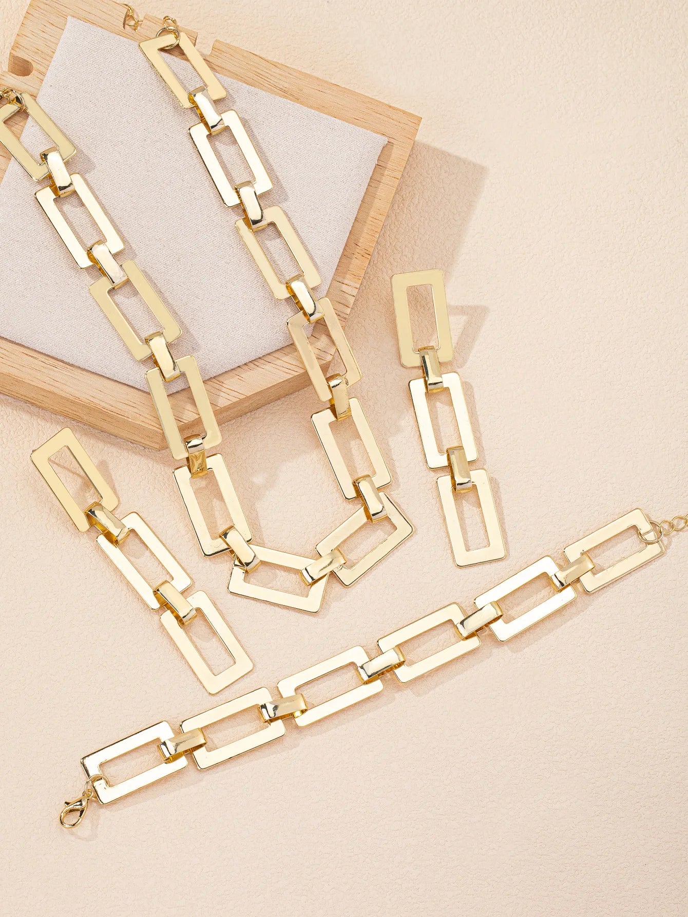 3/4PCS Stainless Steel Fashion Gold Color Geometric Chain Hollow Necklace Bracelets For Women Girl New Fashion Non-fading Set