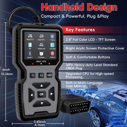 Professional Obd2 Diagnostic Tool Heavy Duty Vehicle Repair Tool - Code Reader/Resetter, Supports Real-Time Data Stream, No Battery Required, Compatible with Vehicles 1996 and up (Obdii/Eobd, Mode 6/8), Suitable for Mechanics