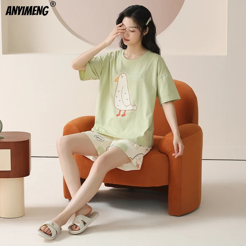 100% Pure Cotton Women Pajamas Summer Cartoon Print Pijamas Girls Nightwear Homewear Short Sleeve Sleepwear O-neck Loungewear