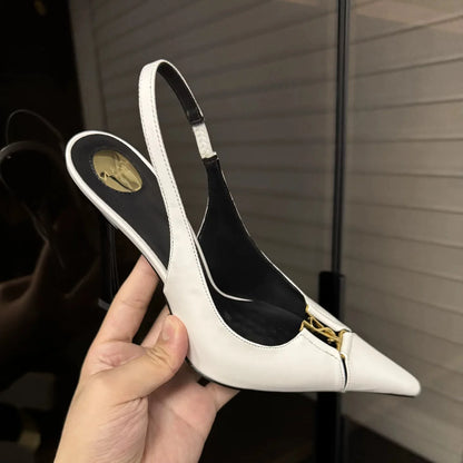 Pointed Toe Patent Leather Pumps Women Metal Decor Shallow Mouth Thin Heel Sandals Spring Summer Party Dress Shoes Single Shoes
