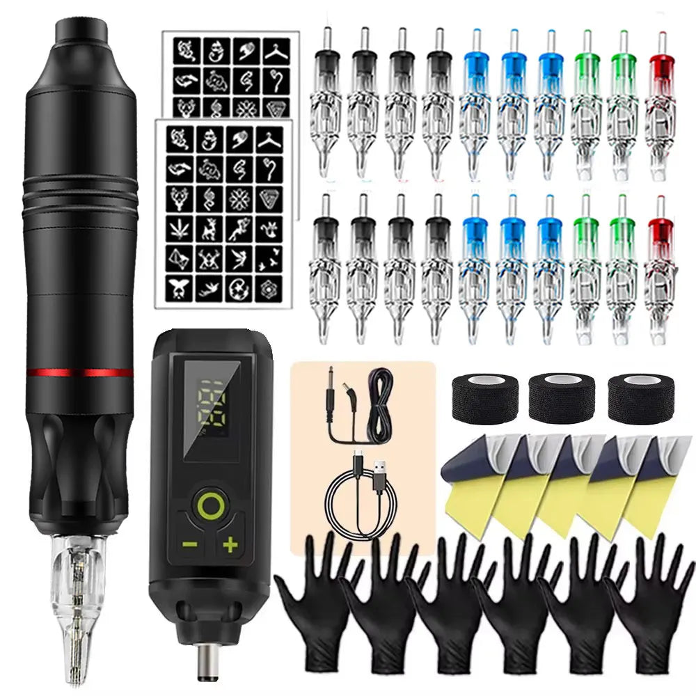 Tattoo Kit Rotary Wireless Tattoo Machine Pen with Tattoo Cartridge Needles Accessories Set Tattoo Design Draw Kit