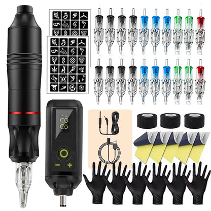Tattoo Kit Rotary Wireless Tattoo Machine Pen with Tattoo Cartridge Needles Accessories Set Tattoo Design Draw Kit