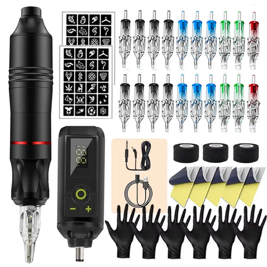 Tattoo Kit Rotary Wireless Tattoo Machine Pen with Tattoo Cartridge Needles Accessories Set Tattoo Design Draw Kit