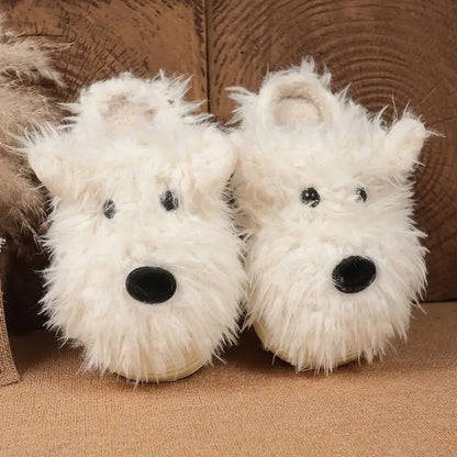 Cartoon Puppy Fluffy Fur Indoor Slippers Women 2025 Winter Thick Bottom Furry Mules Slippers Warm Plush Home Slides for Womon