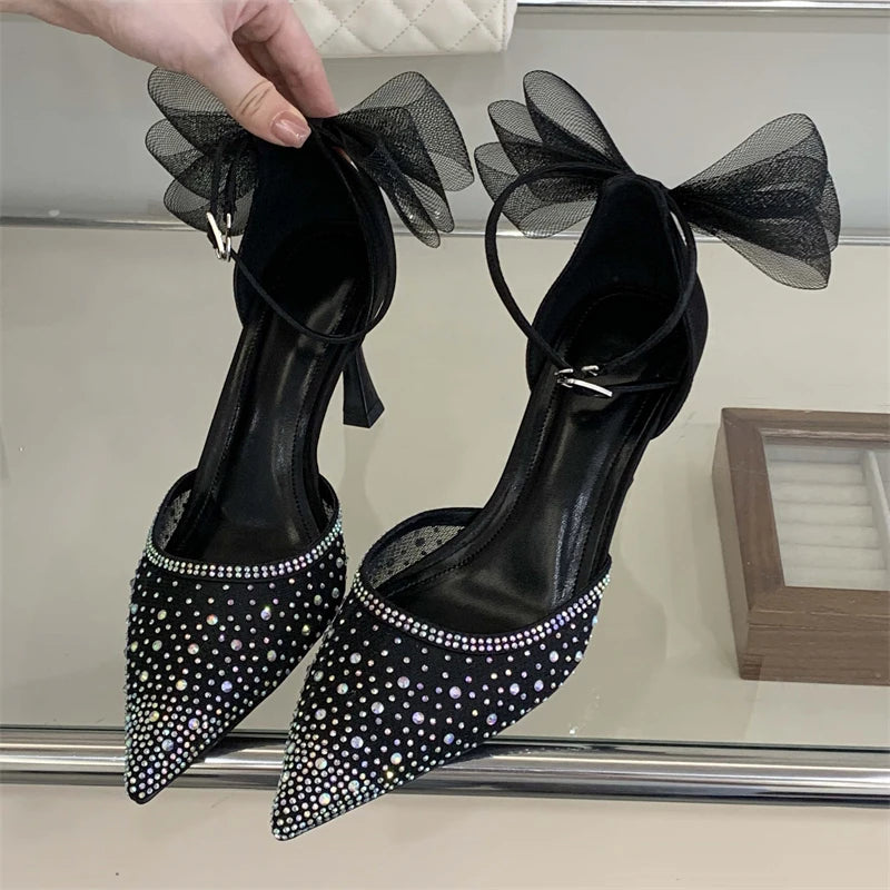 Eilyken Spring Sexy Crystal Mesh Bowknot Pumps Women Pointed Toe Buckle Strap Sandals Thin Heels Party Shoes Zapatos Mujer