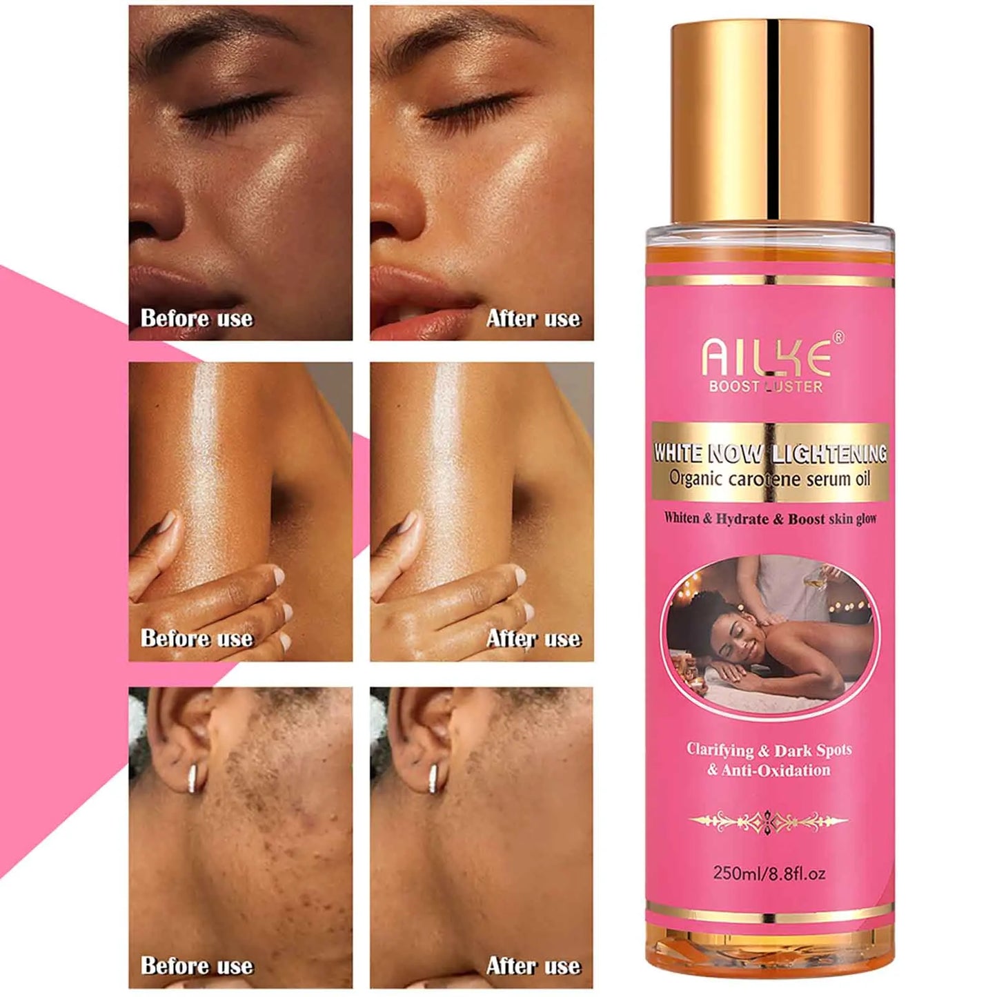 AILKE Organic Carotene Serum Brightening Body Oil, Smooth Skin, Moisturizing, With Vitamin E, Rose Essential Oil, 250ml/ 8.8 oz