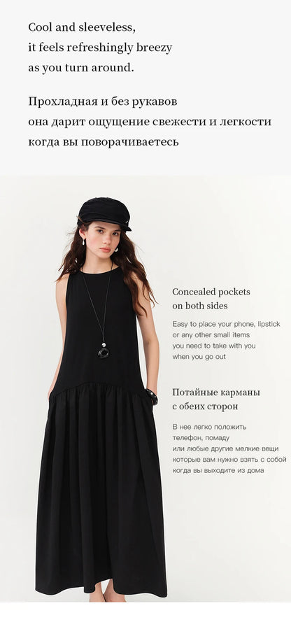FSLE Women's Minimalist Commute Sleeveless Crew Neck Slim Fit Tank Dress 2026 Summer New Arrival Elegant Black Long Daily Dress