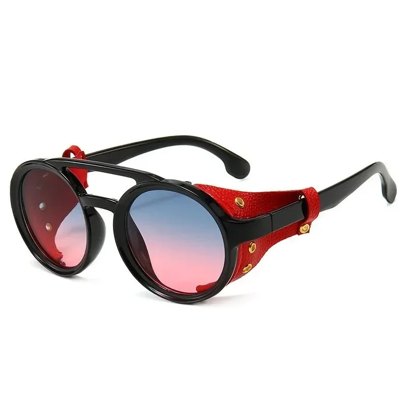 Steampunk Shields Sunglasses Men Women Classic SunGlasses With Side Leather Round Eyewear Pink UV400 Lens