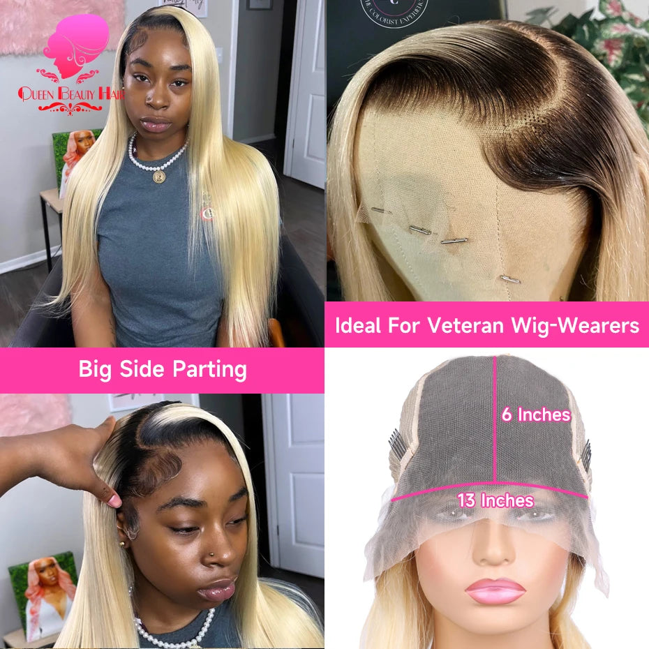 1B 613 Blonde Ombre Human Hair Wigs 13x6 Lace Front Wig Pre Plucked HD Transparent Lace Blond Black Roots Straight 180% Density