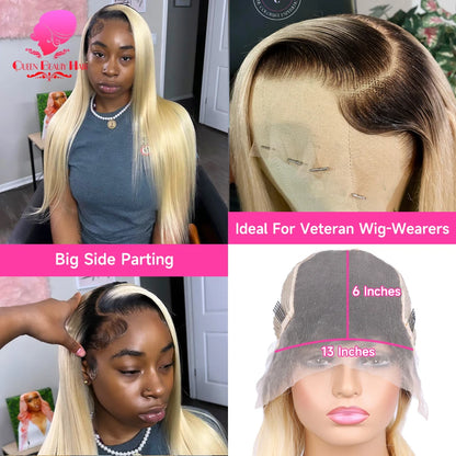 1B 613 Blonde Ombre Human Hair Wigs 13x6 Lace Front Wig Pre Plucked HD Transparent Lace Blond Black Roots Straight 180% Density