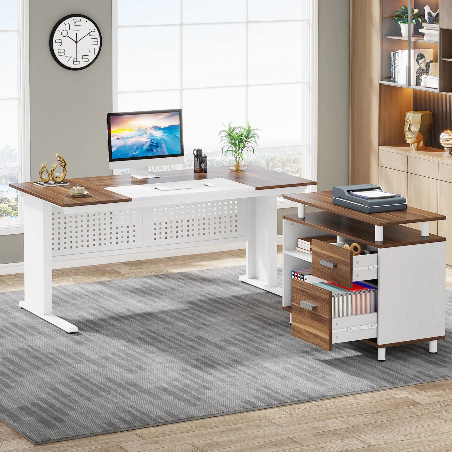 Tribesigns 63 Inch Executive Desk with File Cabinet, Large Office Desk L Shaped Computer Desk with Drawers and Storage Shelves