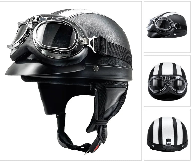 Retro Leather Motorcycle Helmets For Men Women Vintage Moto Half Helmet With Goggles Four Seasons Riding Scooter Capacetes