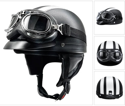 Retro Leather Motorcycle Helmets For Men Women Vintage Moto Half Helmet With Goggles Four Seasons Riding Scooter Capacetes