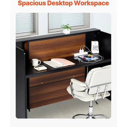 62 Rectangular Front Counter Desk with LED Light for Retail, Lobby, and Office Use, Black & Brown
