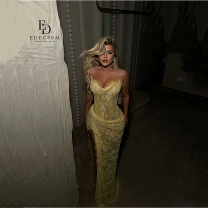 EDECPBM Lace Evening Dresses فساتين سهرة Vestidos De Festa Customized Yellow Mermaid Beautiful Prom Dresses Store Sexy 2025