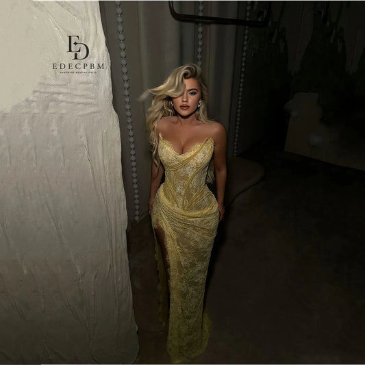 EDECPBM Lace Evening Dresses فساتين سهرة Vestidos De Festa Customized Yellow Mermaid Beautiful Prom Dresses Store Sexy 2025