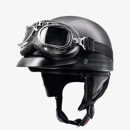 Retro Leather Motorcycle Helmets For Men Women Vintage Moto Half Helmet With Goggles Four Seasons Riding Scooter Capacetes