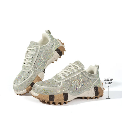 2026 Thick Soled Color Blocked Women's Sneakers Luxury Rhinestone Loafers Fashion Versatile Comfort Anti Slip Women Shoes Tenis