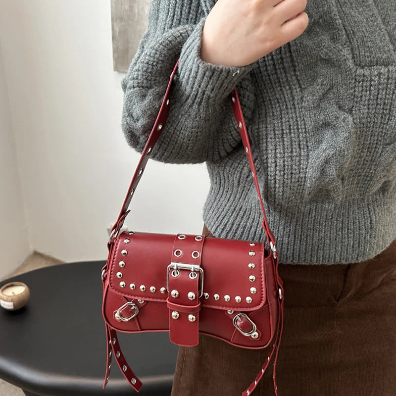 Shoulder Bag for Women Pink Underarm Bags PU Leather Crescent Bags with Rivet Small Y2k Purses Trendy Armpit Purse