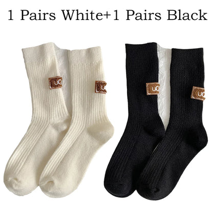 2 Pairs Cashmere Socks Winter Women Warm Wool Thickened Mid-Tube Trendy Heel Furry Label Letter Solid Color Snow Boot Socks New