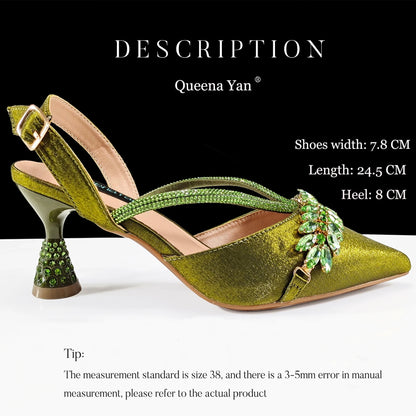 QueenaYan 2026 New Shiny Italian Fashion Pointed Toe Women Heel Fashion Rhinestone Decoration Pink Color Shoes And Bag Set