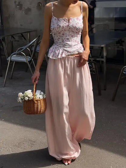 Pink Printed Women's Dress Fashion Wide Shoulder Straps And Pleated Hem Cinched Waist Vestido 2026 Lady Party Vacation Gowns