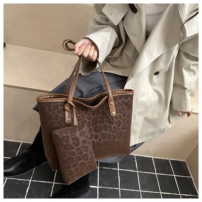 2pcs/set Leopard Print Women Shoulder Bag For Commuting, Daily Used, Casual Tote Bag Large Capacity Ladies Handbags And Purses