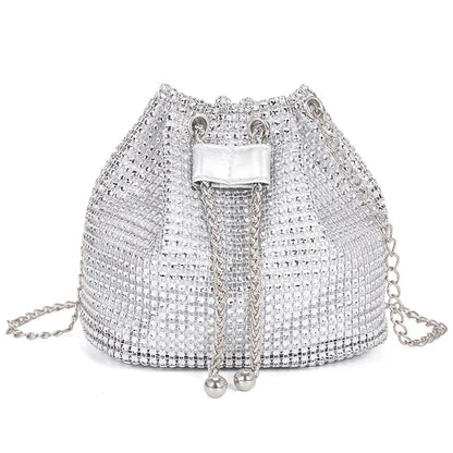 Sparkling Rhinestone Embellished Drawstring Crossbody Bag for Women Multi-Functional Bucket Purse with Detachable Chain Strap