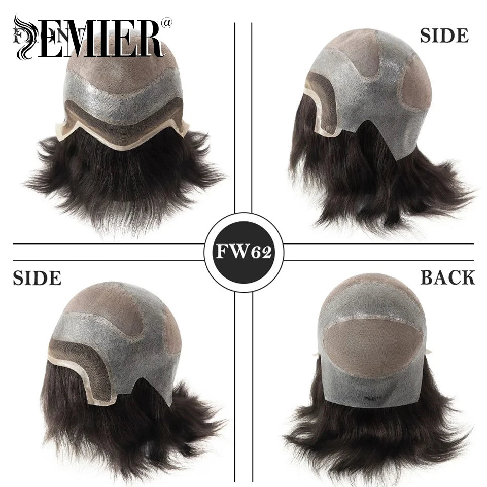Full Head Wig For Men 6" Natural Straight Fine Mono With Pu Cap Men Wig 1/2" French Lace in Front Indian Human Hair Wig For Men