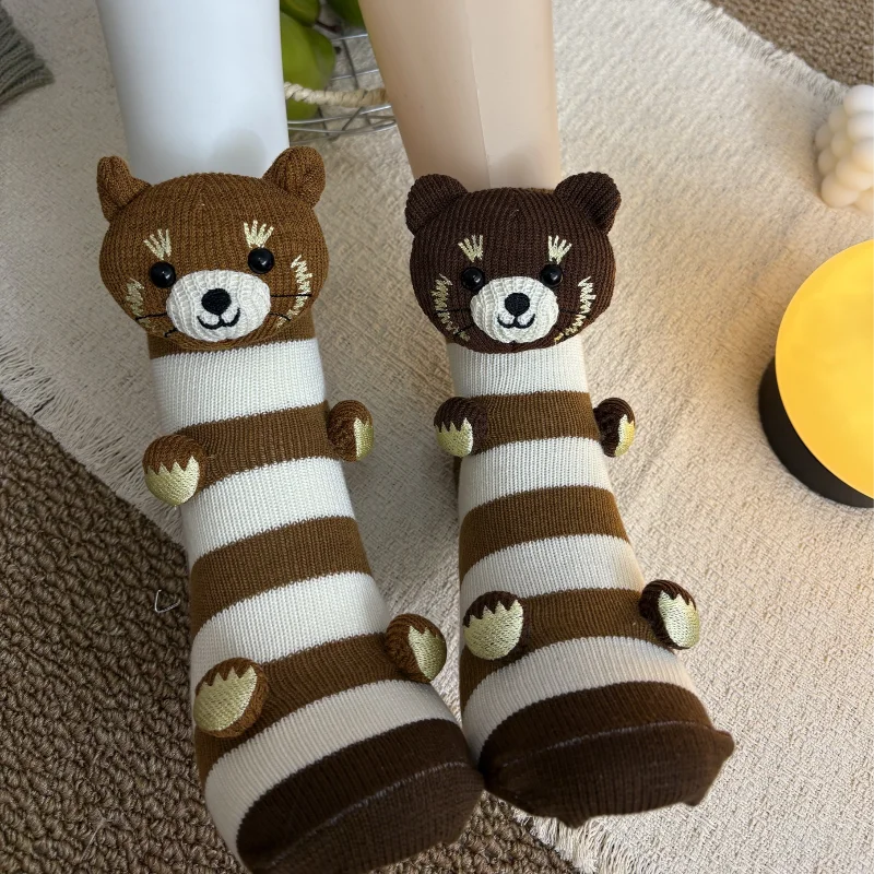 3D Knit Animal Socks Cute Floor Socks Hand Crocheted Double Layer Warm Sock with Cute Rabbit Panda Animals Christmas Gifts