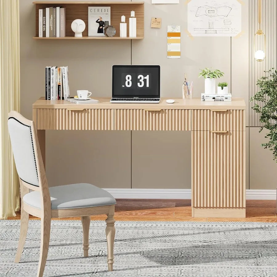 60 Executive Desk with Fluted Drawers Wood Home Office Desk with Storage Cabinet Charging Station Fluted Computer Writing Desk