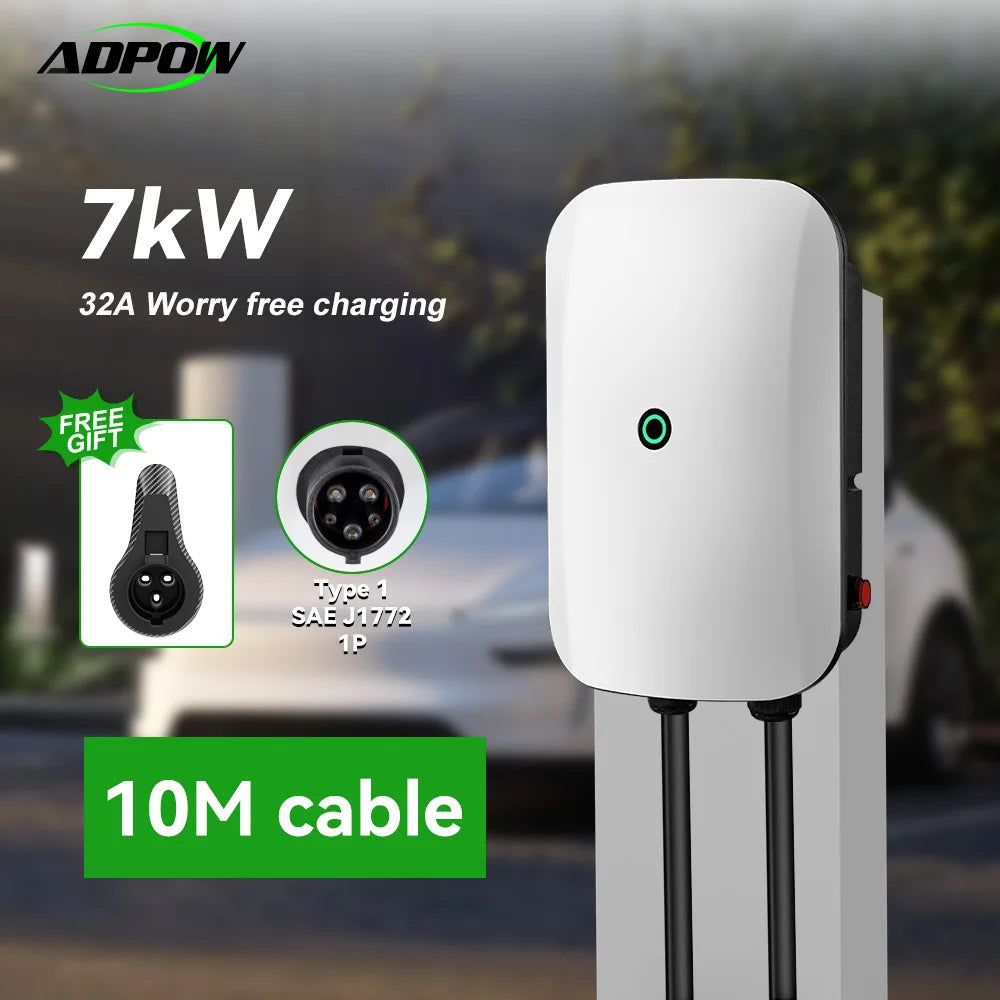 ADPOW Type1 7KW EVSE Wallbox Plug and Play EV Charger 32A Max SAE J1772 Plug Electric Vehicle Charging Station 10m Cable