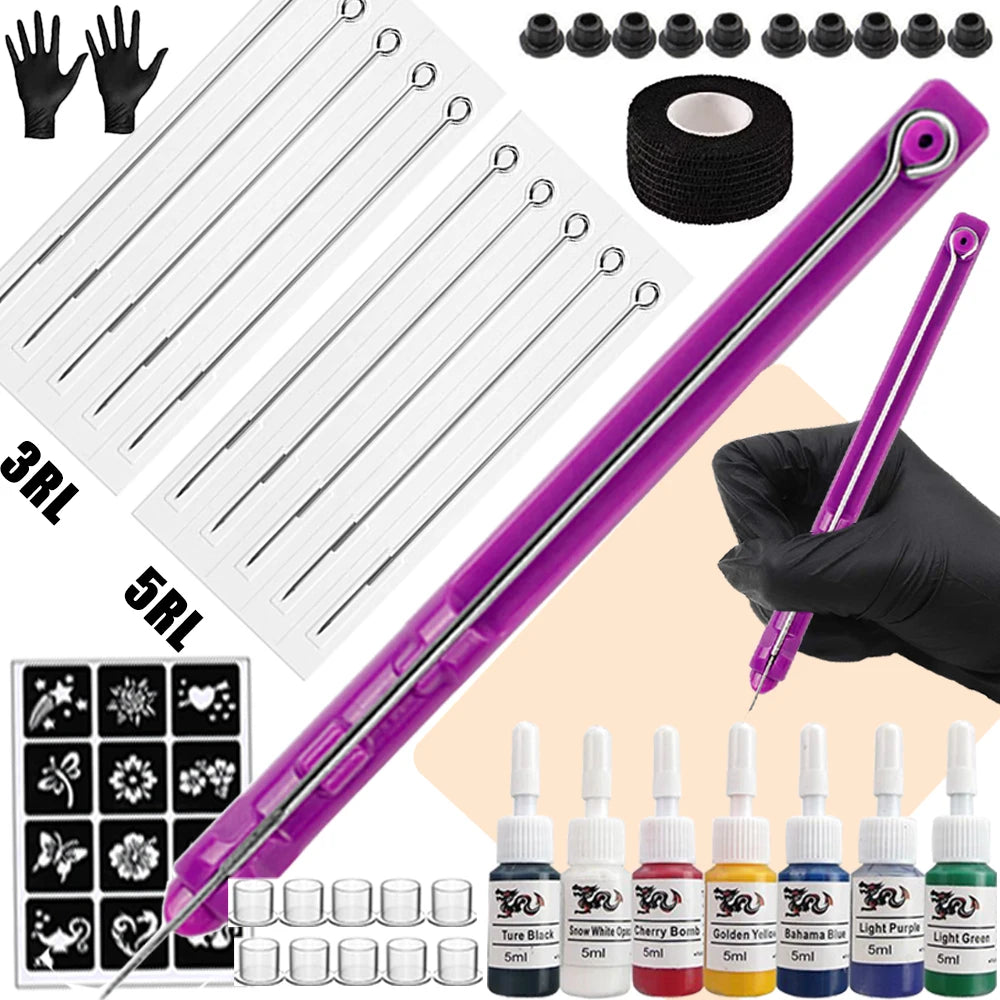 Hand Poke and Stick Tattoo Kit with Poke Tattoo Needles Holder Ink Accessories Set for DIY 3D Hand Poke Stick Tattoo Kit