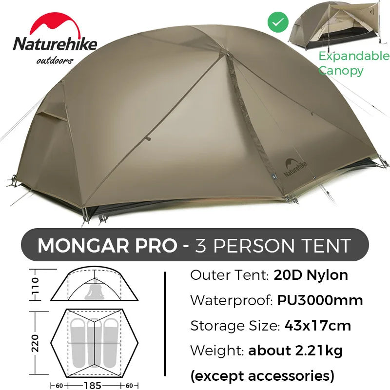 Naturehike Mongar 2 UL/PRO 1-2 Person Backpacking Tent Nylon Waterproof Ultralight Travel Trekking Shelter Tent with Footprint