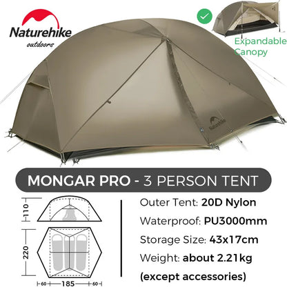 Naturehike Mongar 2 UL/PRO 1-2 Person Backpacking Tent Nylon Waterproof Ultralight Travel Trekking Shelter Tent with Footprint