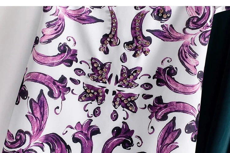Women Purple Blue and White Porcelain Print Dress Beaded Short Sleeve Loose Straight Summer Casual Midi Dress 2026