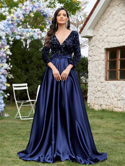 Lucyinlove Luxury Long Sleeve V-Neck Satin Formal Evening Dresses 2025 Elegant Wedding Party Sequins Women Prom Cocktail Gowns