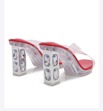 2025 Red High Heels 8cm Women Shoes Rhinestone Thick Heels Square Toe Ladies Pumps Cross Tie Straps Slippers Sandals Party Shoes