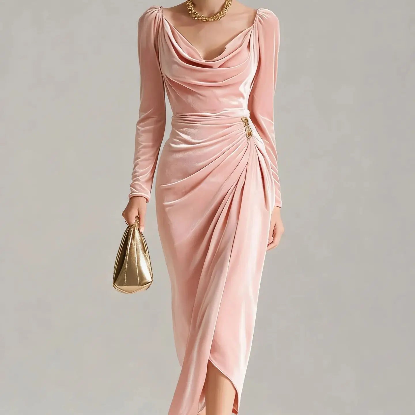 2025 European and American Women's Casual Gold Velvet Sexy New Long-Sleeve Slim Pleated Long Split Bodycon Dress