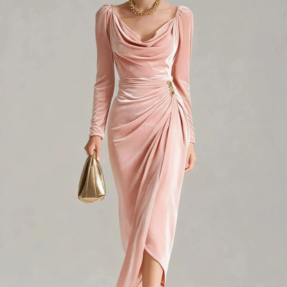 2025 European and American Women's Casual Gold Velvet Sexy New Long-Sleeve Slim Pleated Long Split Bodycon Dress